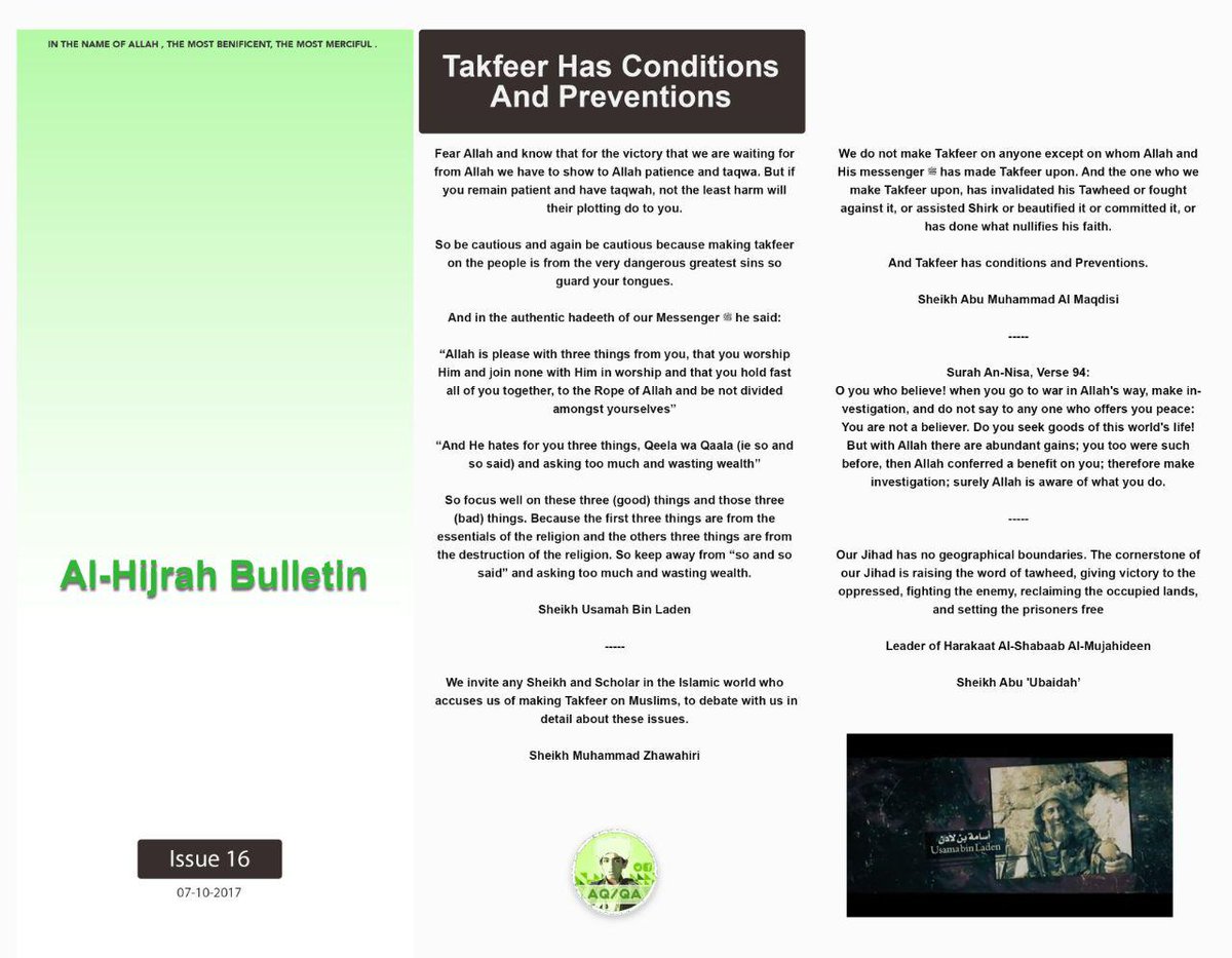AQ posts Hijrah media bulletin n16 Takfeer Has Conditions And Preventions