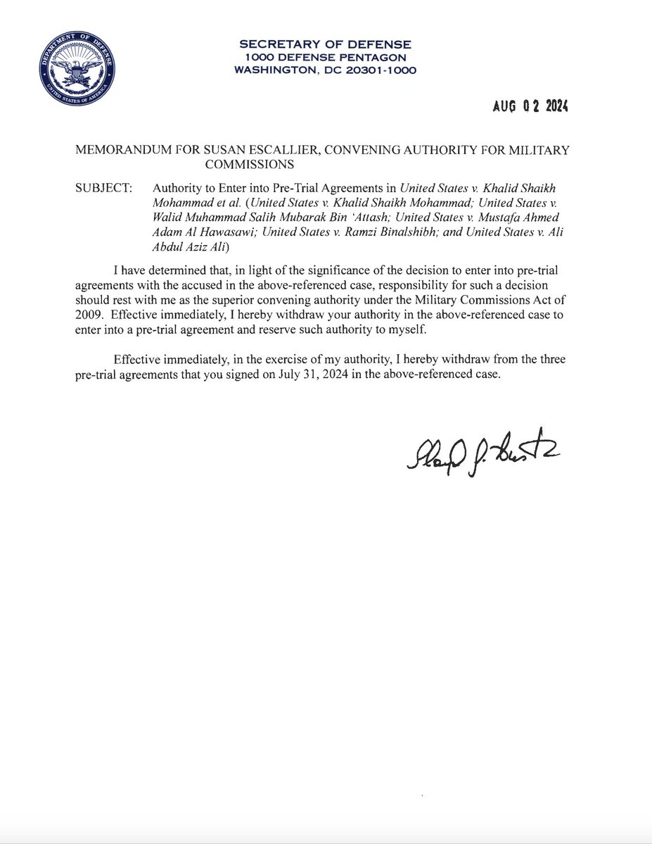 .@Secdef Lloyd Austin yanks plea deals for 9/11 terror attack mastermind Khalid Shaikh Mohammad, 2 others   @DeptofDefense memo released tonight also relieves the official in charge of the military commissions of her oversight in the case