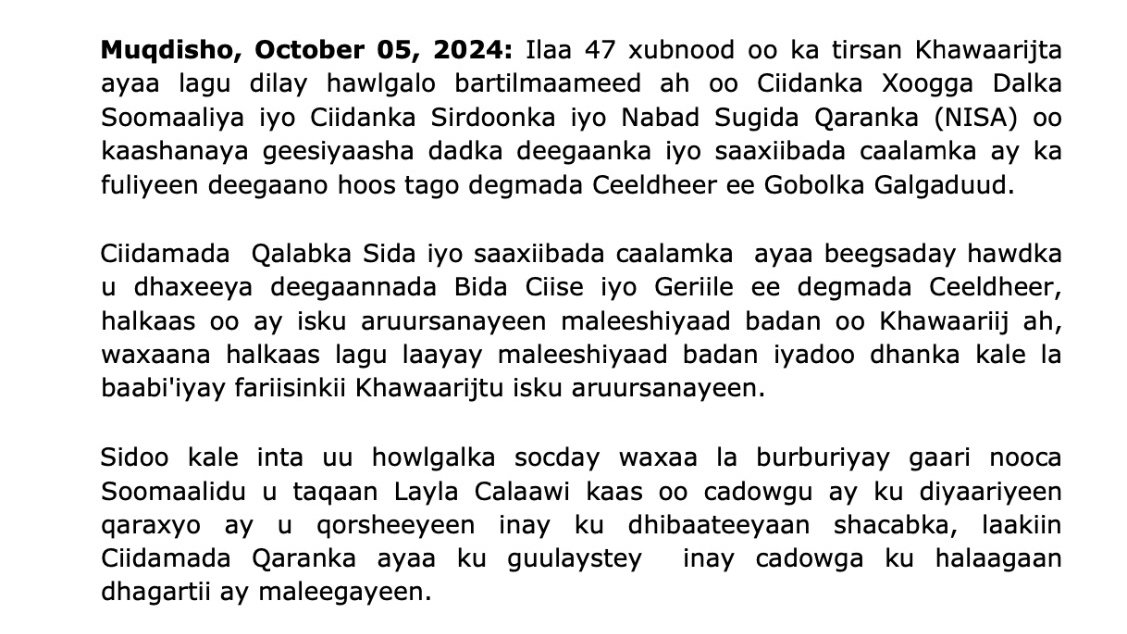 Au moins 47 militants d'Al Shabaab ont été tués lors d'une opération aérienne et terrestre menée dans les zones de la ville d'Eldher, dans le centre de la Somalie. Dans un communiqué, le ministère de l'Information a déclaré qu'un véhicule chargé d'explosifs avait également été détruit au cours de l'opération. Des raids aériens ont été signalés à Mesagawa, Baraag Sheikh Caamir et Cosweyne. Au moins six missiles ont touché des zones où des dizaines de militants d'Al Shabaab se regroupaient.