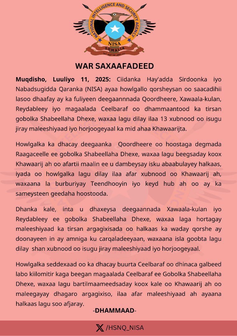 Somalia: la agencia de inteligencia NISA dice que al menos 13 militantes de al-Shabaab, incluidos altos comandantes, murieron en operaciones coordinadas en Qoordheere, Xawaala-Kulan, Reydableey y Ceelbaraf en Middle Shabelle