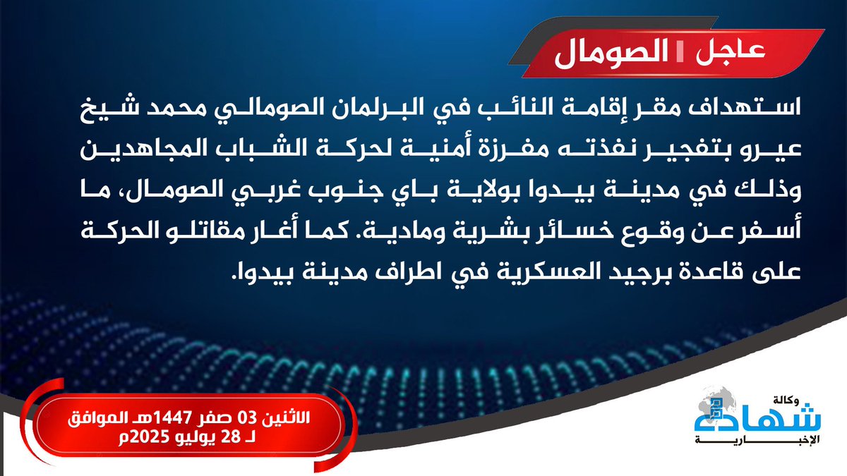 Des militants d'Al-Shabaab ont fait exploser un engin explosif improvisé dans la maison d'un législateur somalien et ont mené un raid à Baidoa, Bay, en Somalie