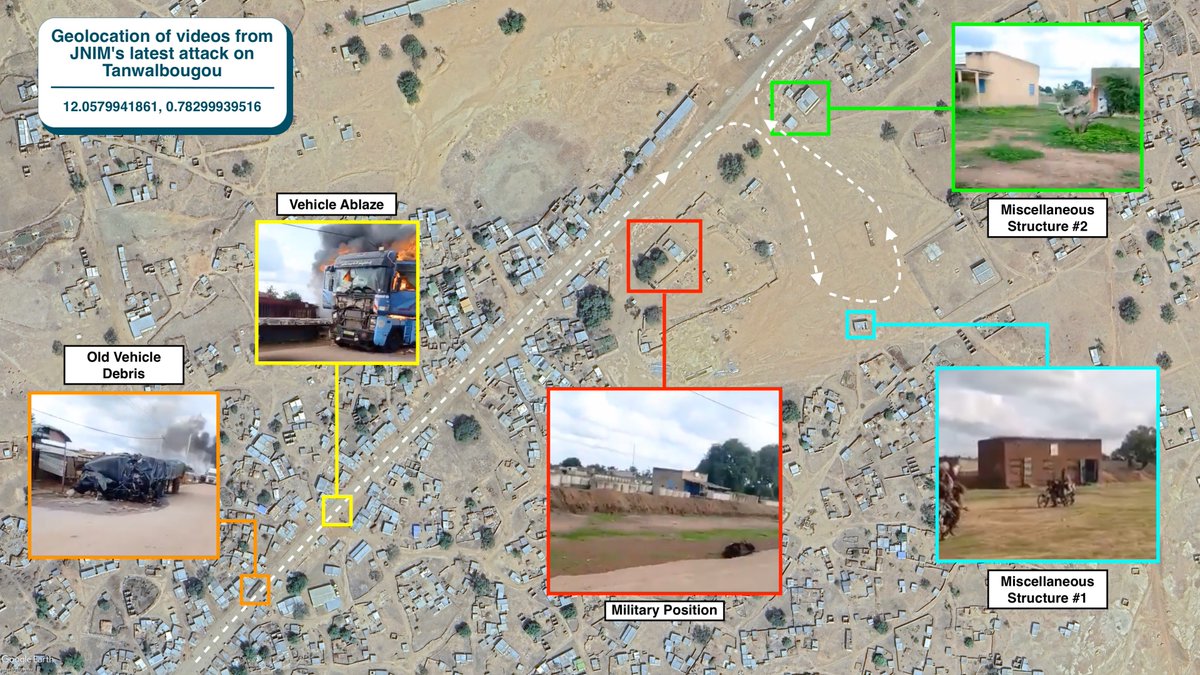 Geolokalisierung des Filmmaterials vom jüngsten Angriff der JNIM auf Tanwalbougou: Einheiten griffen gestern (18.8.) Tanwalbougou (Departement Fada N'Gourma, Provinz Gourma, Region Ost) an, wie in Video 1 zu sehen ist. Aber heute (19.8.) sind die Militanten immer noch dort (Videos 2-4), da die Regierung noch keine Streitkräfte in das Gebiet entsandt hat.
